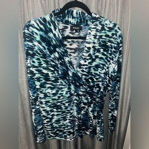 DKNY Blue and White Patterned Long Sleeve Bouse XL